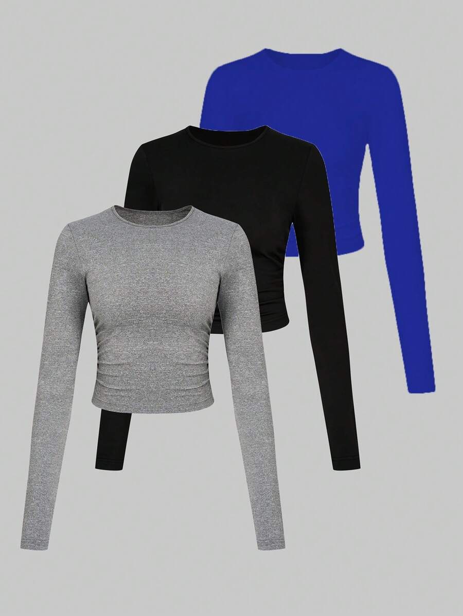 Chiquease 3pcs Solid Color Crew Neck Long Sleeve Fitted Top Set For Women Fall Cloth For Women - Multicolor - View 1
