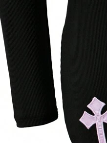 SHEIN Tween Girl Patch Cross Punk Gothic Style Long Sleeve Knit Dress