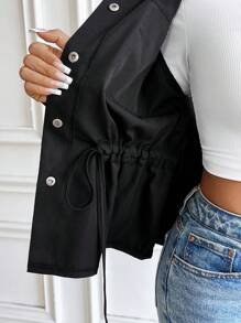 Chiquease Women's Solid Color Drop Shoulder Long Sleeve Loose Drawstring Jacket, Spring Autumn Fall Cloth For Women - Black - View 6