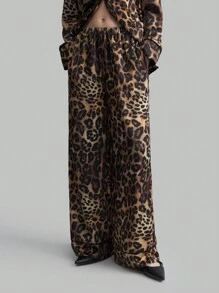 Ontre 女士 2025 新款卡其色豹纹睡衣风格长袖上衣和长裤（配腰带），休闲时尚两件套，春季 - 彩色 - 查看 4