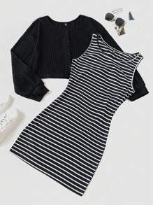 SHEIN LUNE 秋季女装大码女装套装圆领条纹印花无袖上衣和纯色长袖夹克两件套机场女士服装秋装服装套装上衣和裙子套装旅游装机场度假装 - 黑與白 - 查看 1