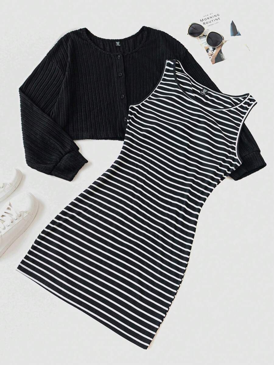 SHEIN LUNE 秋季女装大码女装套装圆领条纹印花无袖上衣和纯色长袖夹克两件套机场女士服装秋装服装套装上衣和裙子套装旅游装机场度假装 - 黑與白 - 查看 1