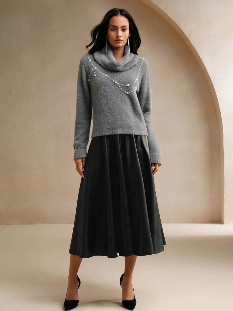 Faux Pearls Studded Cowl Neck Sweater For Autumn & Winter, Knit Pullover Fall