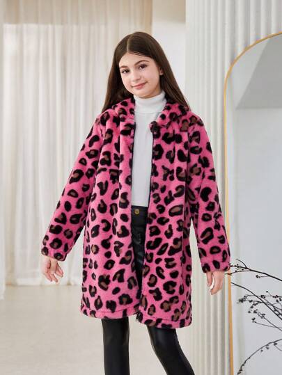 SHEIN Tween Girls Fuchsia Pink Hooded Fluffy Leopard Print Mid-Length Jacket