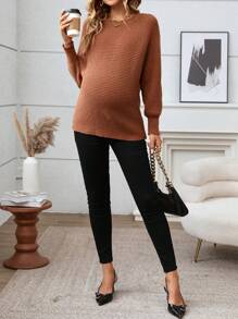 SHEIN Maternity Half Button Ribbed Knit, Ribbed Knit Sweater, For Winter - Grey - View 4