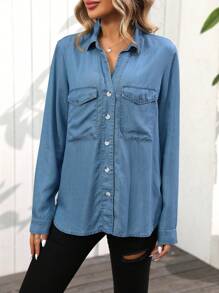 EMERY ROSE Camisa casual feminina de ajuste folgado, de manga longa, com bolsos utilitários, primavera e outono - Lavagem Média - Visão 6