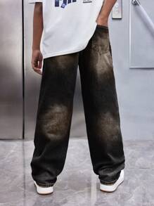 SHEIN Tween Boys' Casual Vintage Washed Loose Straight Leg Blue Jeans For Spring And Summer - Black - View 2