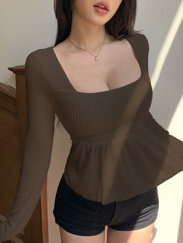 Women's Square Neck Textured A-Line T-Shirt,Babydoll Top Long Sleeve Women Tops