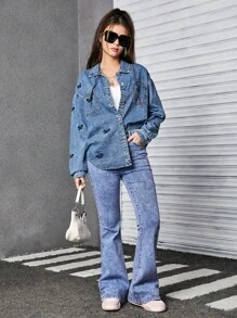 Cute 3D Butterfly Embroidered Denim Loose Long Sleeve Shirt For Teen Girls - Medium Wash - View 6