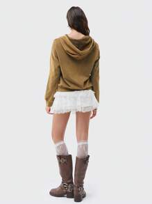SHEIN EZwear Washed Zip Front Drawstring Thermal Hoodie - Khaki - View 2