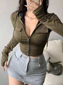 DAZY Spring & Autumn Casual Striped Hooded T-Shirt With Flap Pockets Long Sleeve Women Tops,Fall Women Clothes - Green - View 2