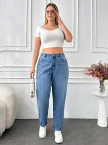 RueChic Plus Elastic Band Detailed Folded Hem Mom Jean - Medium Wash - View 5