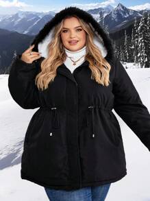 SHEIN CURVE+ Abrigo acolchado con capucha de color sólido y cordón a la cintura, talla grande, para invierno