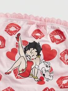 Betty Boop | ROMWE 女式卡通人物与唇印拼接蕾丝蝴蝶结细节褶皱修身抹胸，夏季 - 粉色 - 查看 3