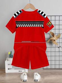 SHEIN Little Racer & Young Boy Simple Casual Round Neck Short Sleeve T-Shirt And Shorts Set, Suitable For Summer - Red - View 3