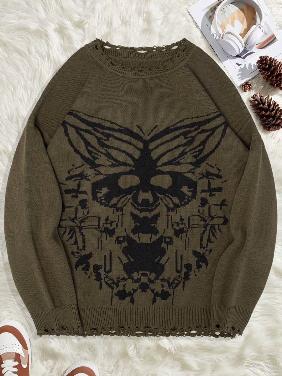 SHEIN Cottnline Men Butterfly Pattern Ripped Regular Sweater - Army Green - View 1
