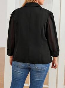 Plus Size Solid Color Front Button Long Sleeve Casual Top And Blazer Jacket Set - Black - View 2