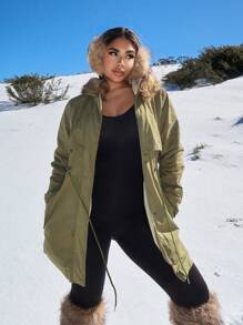 SHEIN SXY Women's Solid Color Minimalist Casual Hooded Long Sleeve Regular Jacket - Army Green - View 5