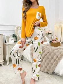 印花口袋长袖上衣和印花长裤睡衣套装，秋冬舒适优雅细节 - 黃色 - 查看 3