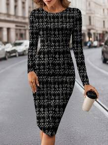 SHEIN Clasi Robe midi pour femmes coupe slim à design minimaliste et simple, convient pour l'automne et l'hiver - Noir et Blanc - Voir 5