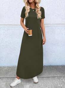 Breezaya 女士夏季短袖宽松连衣裙 - 軍綠色 - 查看 1