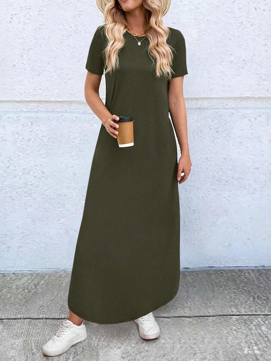 Breezaya 女士夏季短袖宽松连衣裙 - 軍綠色 - 查看 1