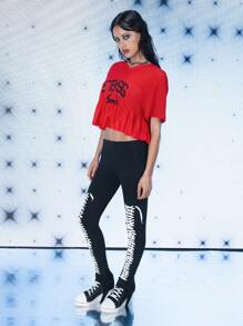 FREAK CITY Designer Women Ruffled Hem Athletic Mesh Graphic Printed Retro Street Red Top, For Holiday, Vacation, Spring & Summer, Going Out, Festival, Ibiza Fits