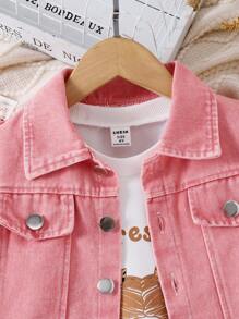 SHEIN 2pcs Young Girl Round Neck Letter Print Pullover Sweater And Button Front Jacket Set - Pink - View 5