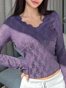 DAZY Lace Trim Fitted Sleepwear Top, Thermal Lined Fall,Winter Pajama