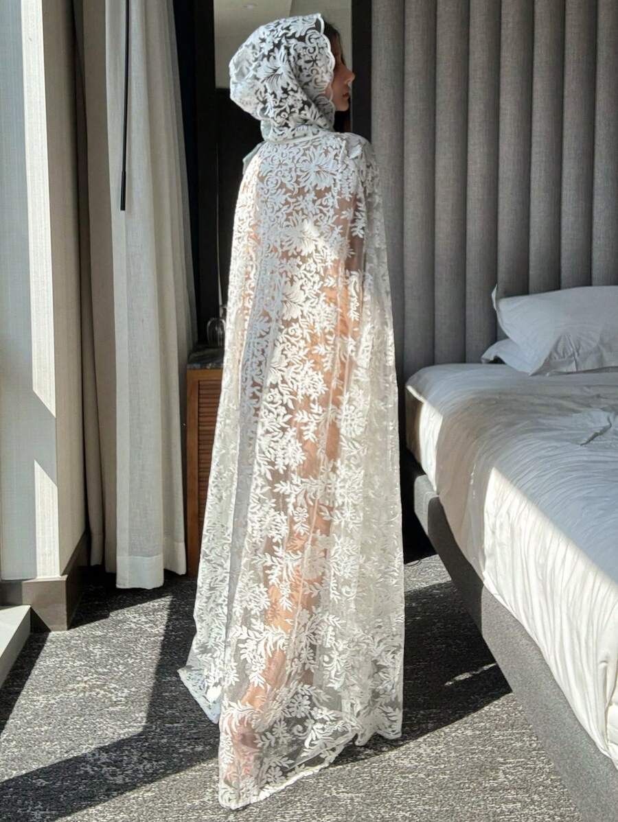 DAZY Damski romantyczny koronkowy szlafrok z kapturem - Biały - Zobacz 1