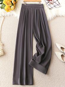 Calvaya 大码高腰褶皱阔腿裤，工作服 - 灰色 - 查看 7