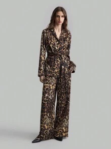 Ontre 女士 2025 新款卡其色豹纹睡衣风格长袖上衣和长裤（配腰带），休闲时尚两件套，春季 - 彩色 - 查看 1