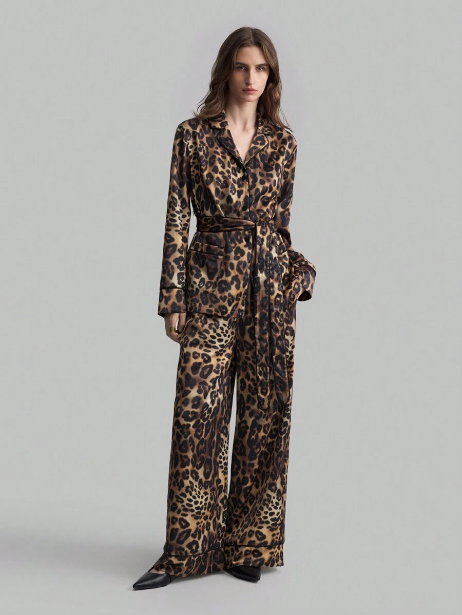 Ontre 女士 2025 新款卡其色豹纹睡衣风格长袖上衣和长裤（配腰带），休闲时尚两件套，春季 - 彩色 - 查看 1