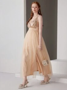 SHEIN Belle Women's Sequin Embellished Split Hem Formal Ball Gown (Heavily Decorated)