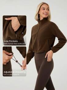 GLOWMODE Thin Polar Fleece Loose-Fit Cropped Drawstring Long Sleeve Jacket - Coffee Brown - View 5