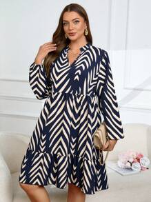 SHEIN Clasi Plus Size Casual Notched Neck Herringbone Printed Dress For Fall - Navy Blue - View 5