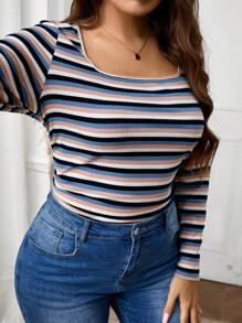 SHEIN LUNE Plus Size Spring Autumn Winter Square Neck Waist Ruched Striped Print Casual Sports Stretch Fitted T-Shirt Tops With Sleeves Travel Outfit Airport Thanksgiving Outfit Holiday Outfit