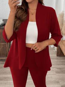 SHEIN LUNE Plus Size Solid Color High Low Blazer Jacket And Trousers Suit In Fall/Winter - Burgundy - View 4