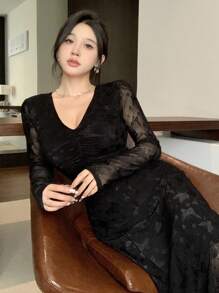 DAZY Women's Long Bodycon Dress With All Over Bow Print,Ruffle,Fall Dress