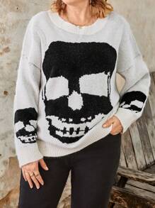 Plus Size Women Skull Pattern Crew Neck Long Sleeve Casual Sweater, Autumn Winter Knit Pullover Fall - Black and White - View 1