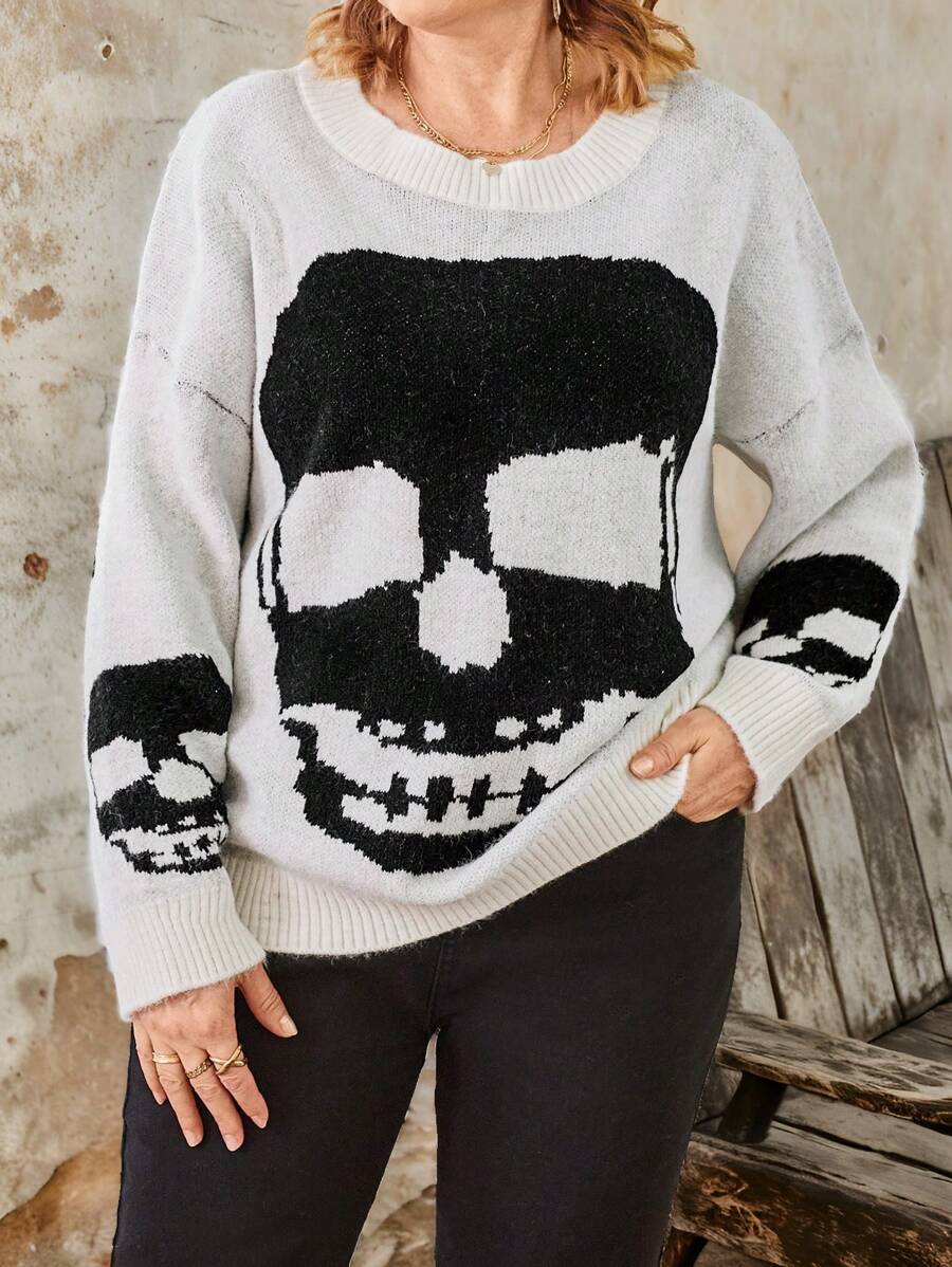 Plus Size Women Skull Pattern Crew Neck Long Sleeve Casual Sweater, Autumn Winter Knit Pullover Fall - Black and White - View 1