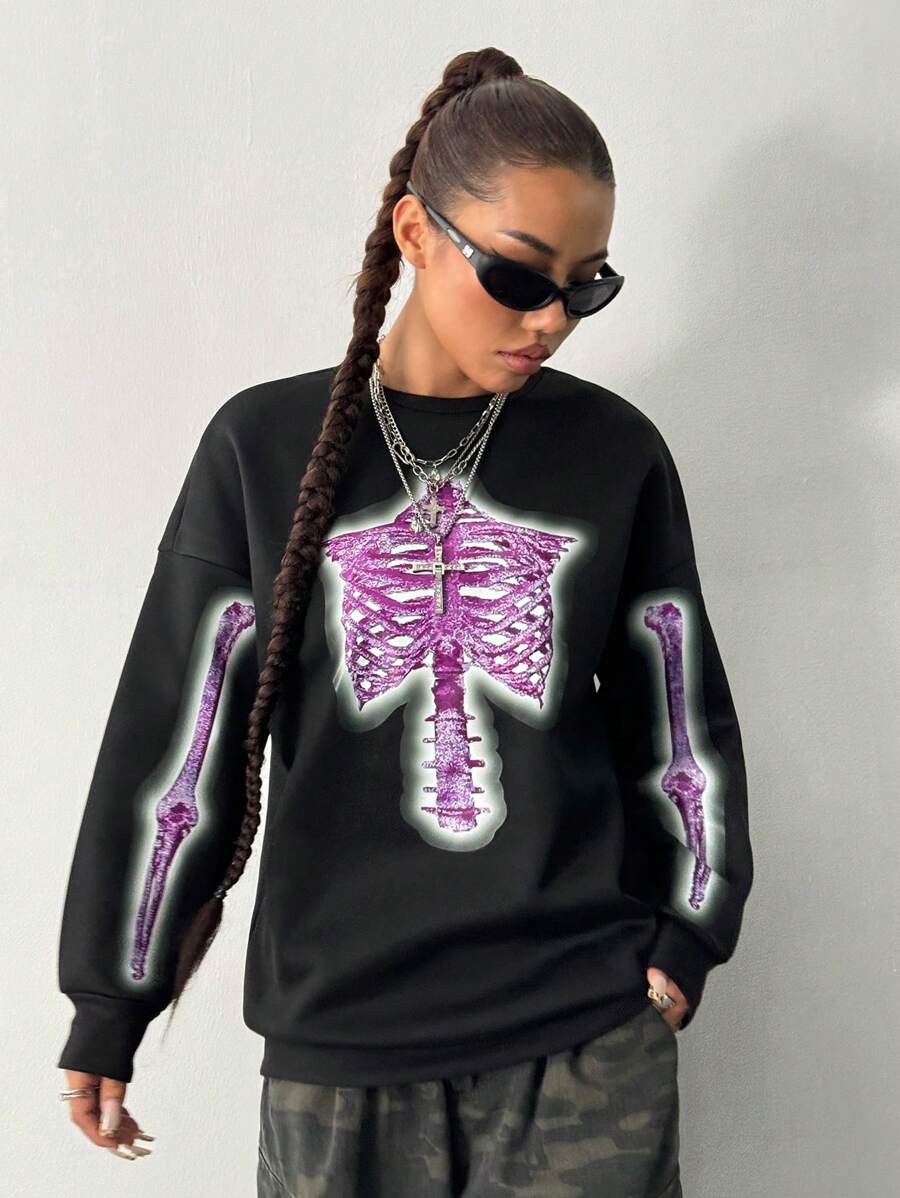 SHEIN Unity Sudadera holgada con estampado de esqueleto para otoño - Negro - Ver 1