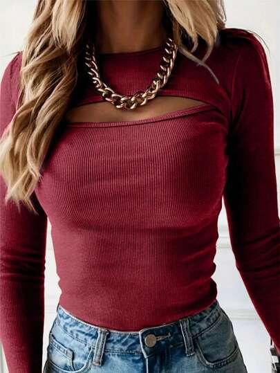 INAWLY Women's Leopard Print Hollow-Out Slim Fit Long Sleeve Crew Neck T-Shirt, Spring & Autumn Graphic Cheetah Print Tees Women Tops For Spring Outfit Fall Cloth For Women