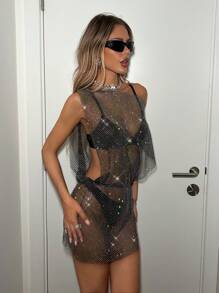 SHEIN Unity Sexy Elastic Mesh Rhinestones Sheer Mini Dress