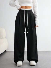 SHEIN BASICS 2 chiếc quần ống đứng lưng cao dệt trơn rộng rãi cho nữ - Nhiều màu - Xem 5