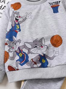 2pcs/Set Young Boys Funny Cartoon Animal & Basketball Graphic Print Sweatshirt & Sweatpants Outfit, Cute Combo Design, Sporty Style, Suitable For Spring, Autumn & Winter Wear - Light Grey - View 4
