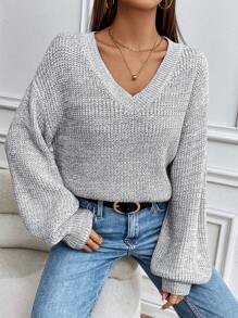 SHEIN PETITE Women's Casual V-Neck Lantern Sleeve Sweater Knit Pullover Fall Winter Outfit - Grey - View 1