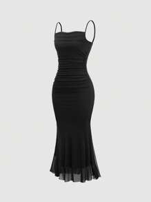 SHEIN Unity Đầm lưới đen không tay thanh lịch cho nữ có viền đuôi cá, trang phục Maxi thời trang mùa hè cho nữ - màu đen - Xem 3
