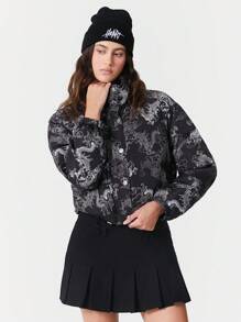 SHEIN EZwear 1 buah Mantel Musim Dingin Wanita Motif Hitam - Hitam - View 6