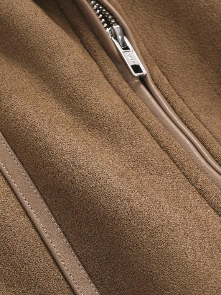 Top-Stitching Drop Shoulder Teddy Lined Suedette Jacket,Ladies Winter Casual Pocket,Zipper Drop Shoulder Oversized Camel Plain Women Jackets,Winter Warmth/ Winter Fashion,Thermal Lined